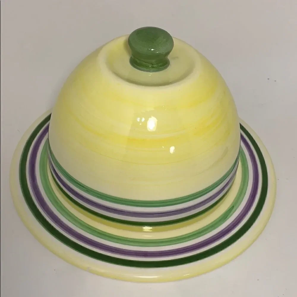 Porcelain Ceramic Cheese Plate With Domed Lid Yellow Green Home Bar Entertaining